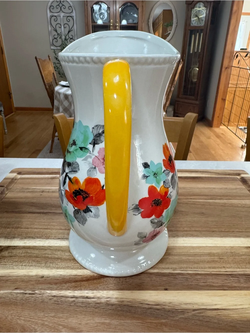 The Pioneer Woman Ceramic Floral Pitcher in Yellow, Red-Orange, and Mint